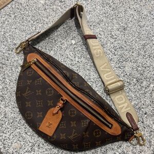 Louis Vuitton Monogram Canvas Belt Bag with Beige Strap and Tan Trim